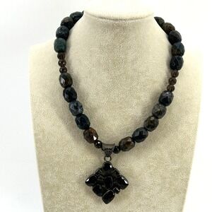 Smoky Quartz Pietersite Beaded Statement Necklace Toggle Clasp Silver Tone 18in